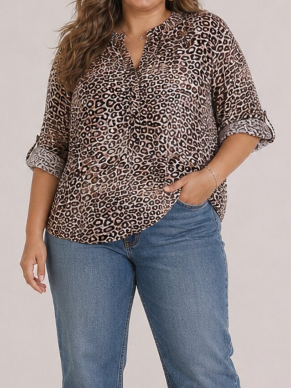 Relativity Brown Large Animal Print Stretch Blouse Y2K 90'S